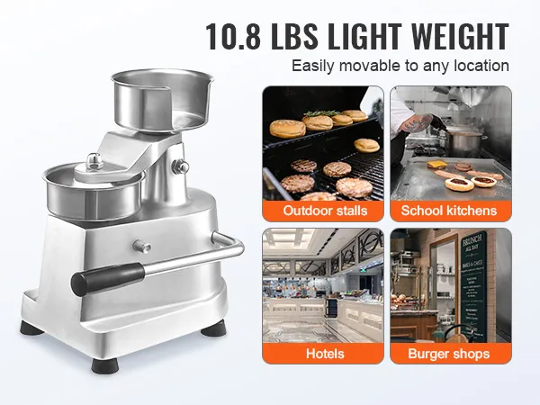 Máquina para hacer hamburguesas VEVOR, 10,8 libras, adecuada para diversos entornos, como puestos al aire libre, hoteles y cocinas escolares.
