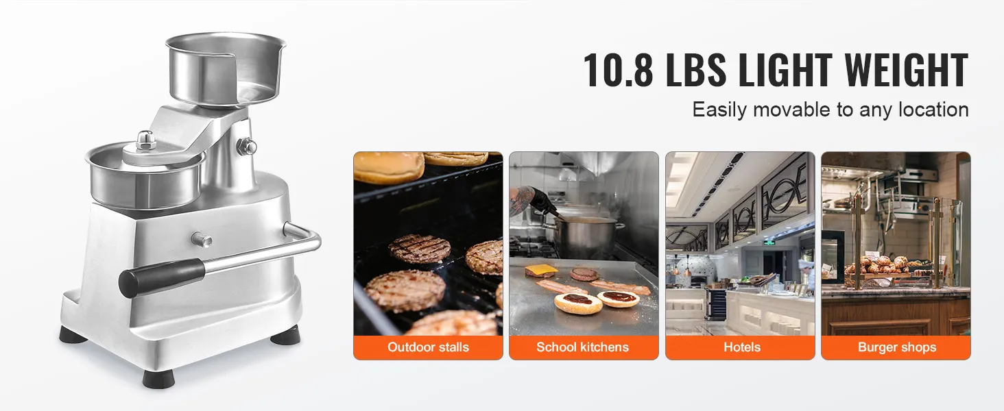 Máquina para hacer hamburguesas VEVOR, 10,8 libras, adecuada para diversos entornos, como puestos al aire libre, hoteles y cocinas escolares.