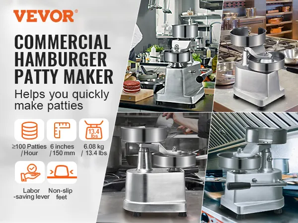 Macchina per hamburger VEVOR nelle cucine commerciali, che produce hamburger rapidamente utilizzando una leva che fa risparmiare manodopera.