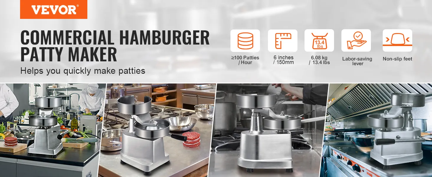 Macchina per hamburger VEVOR nelle cucine commerciali, che produce hamburger rapidamente utilizzando una leva che fa risparmiare manodopera.