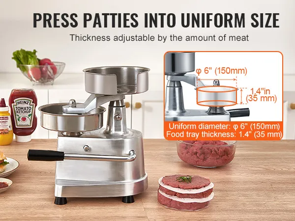 Macchina per hamburger VEVOR sul tavolo della cucina con salse, hamburger, patatine fritte e ingredienti.