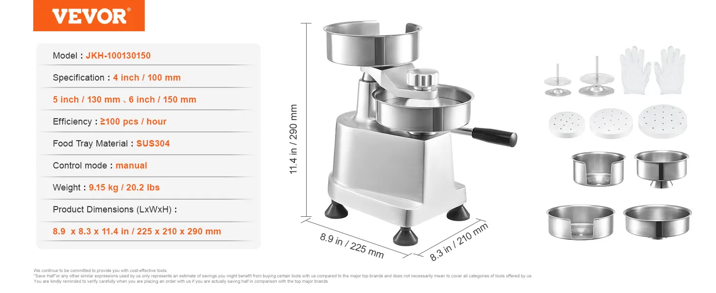 VEVOR burger patty maker, manual, sus304 stainless steel, 4 to 6 inches, 100 pcs/hour, 9.15 kg.