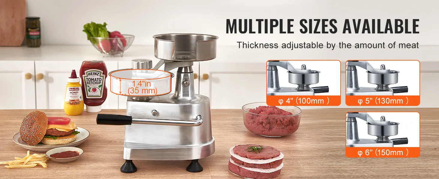 VEVOR burger patty maker with thickness adjustments and options for different patty sizes on a kitchen counter.