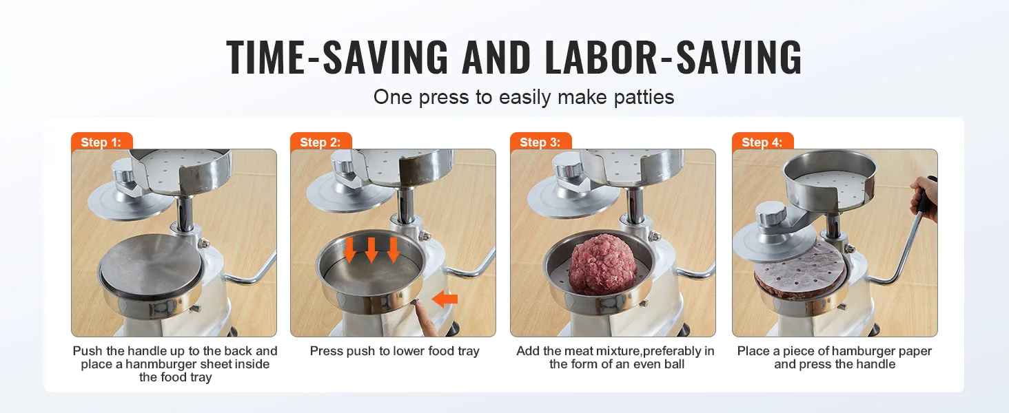 steps to use the VEVOR burger patty maker with illustrations and instructions.
