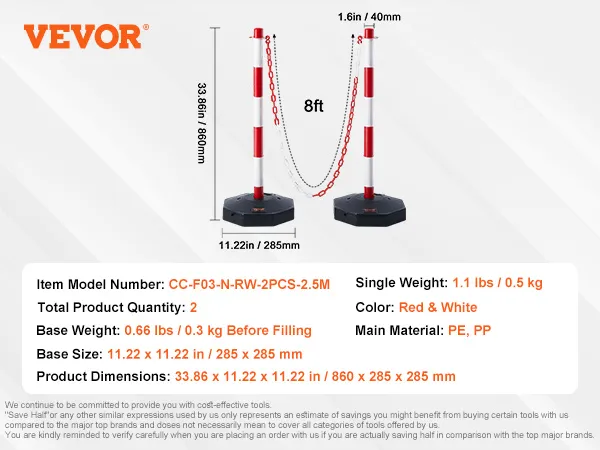 VEVOR-Verkehrsleitkegel, rot und weiß, 2,44 m Kettenlänge, Artikelmodell cc-f03-n-rw-2Stk.-2,5m.