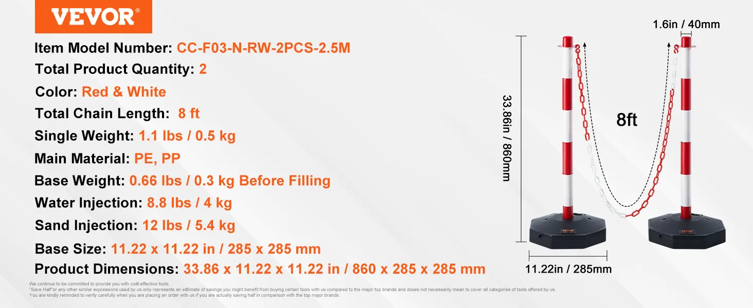 VEVOR-Verkehrsleitkegel, rot und weiß, 2,44 m Kettenlänge, Artikelmodell cc-f03-n-rw-2Stk.-2,5m.