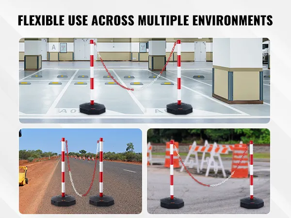 VEVOR-Verkehrsleitkegel in verschiedenen Umgebungen: Parkplatz, Straße und Baustelle.