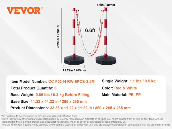 Juego de postes delineadores de tráfico VEVOR, rojo y blanco, cadena de 6,6 pies, altura de 33,86 pulgadas, base de 11,22 pulgadas.