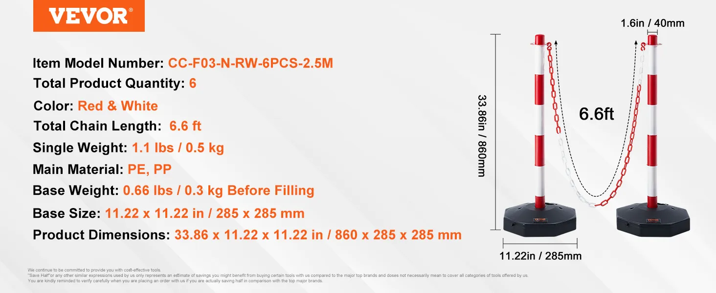 Juego de postes delineadores de tráfico VEVOR, rojo y blanco, cadena de 6,6 pies, altura de 33,86 pulgadas, base de 11,22 pulgadas.