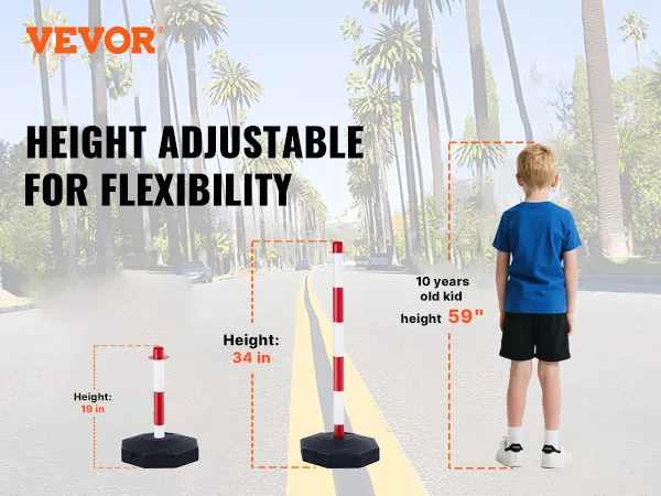 Poste delimitador de tráfico VEVOR con altura ajustable de 19 pulgadas a 34 pulgadas en una calle soleada.