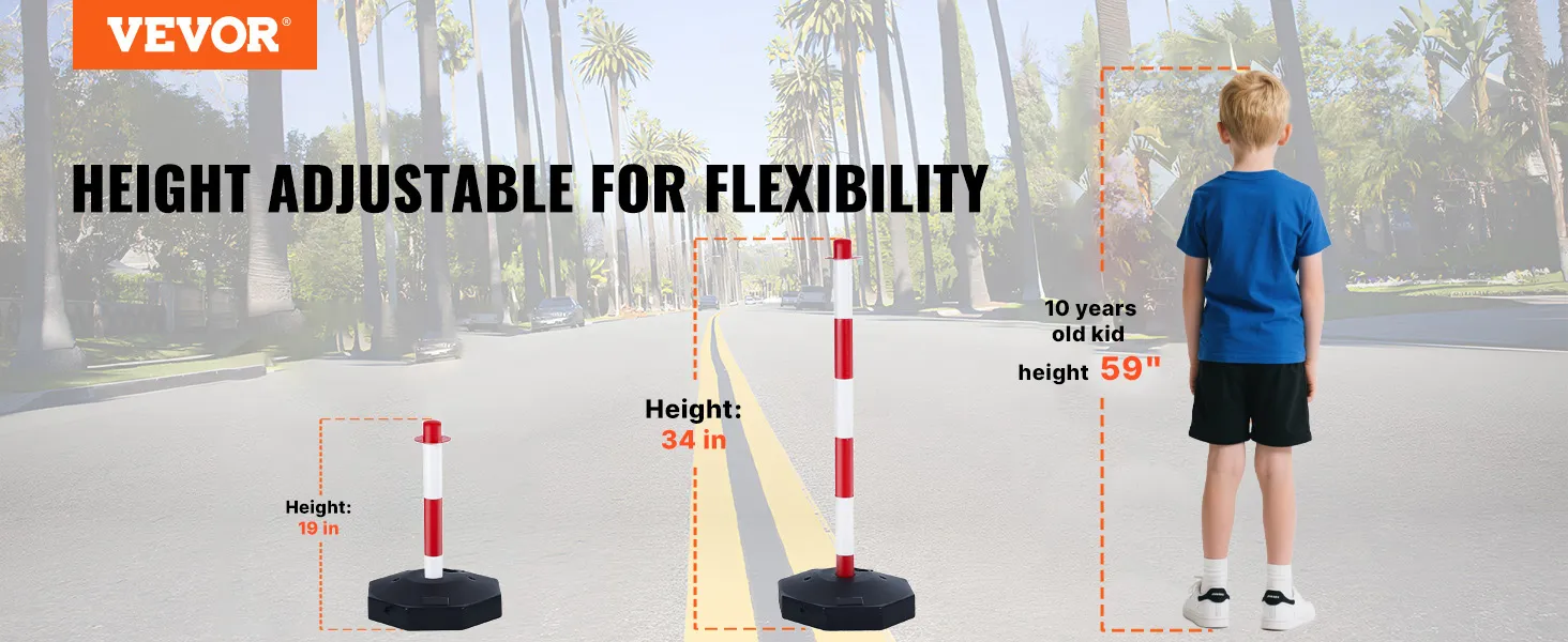 Poste delimitador de tráfico VEVOR con altura ajustable de 19 pulgadas a 34 pulgadas en una calle soleada.