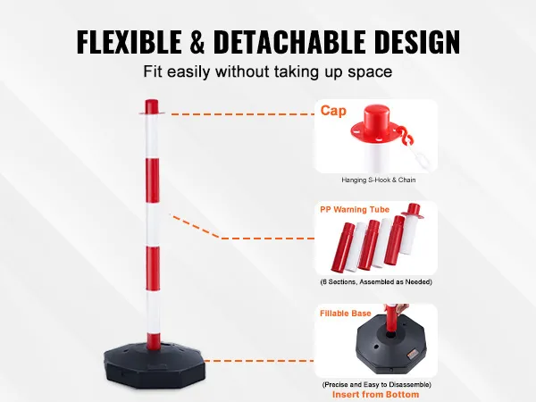 Poste delimitador de tráfico VEVOR con diseño flexible y desmontable que muestra una tapa, un tubo de advertencia de polipropileno y una base rellenable.
