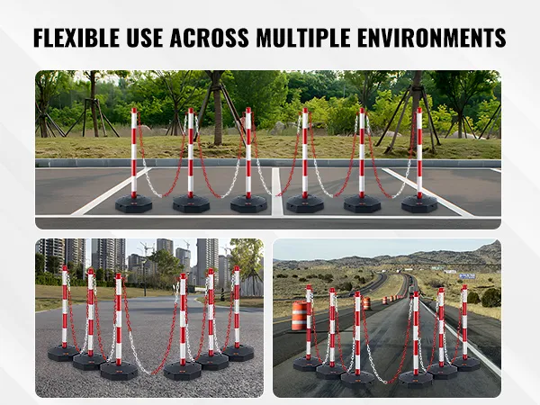 Postes delimitadores de tráfico VEVOR en zonas urbanas, rurales y de construcción con franjas rojas y blancas.