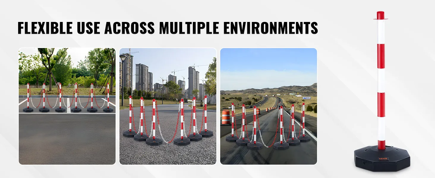 Postes delimitadores de tráfico VEVOR en zonas urbanas, rurales y de construcción con franjas rojas y blancas.