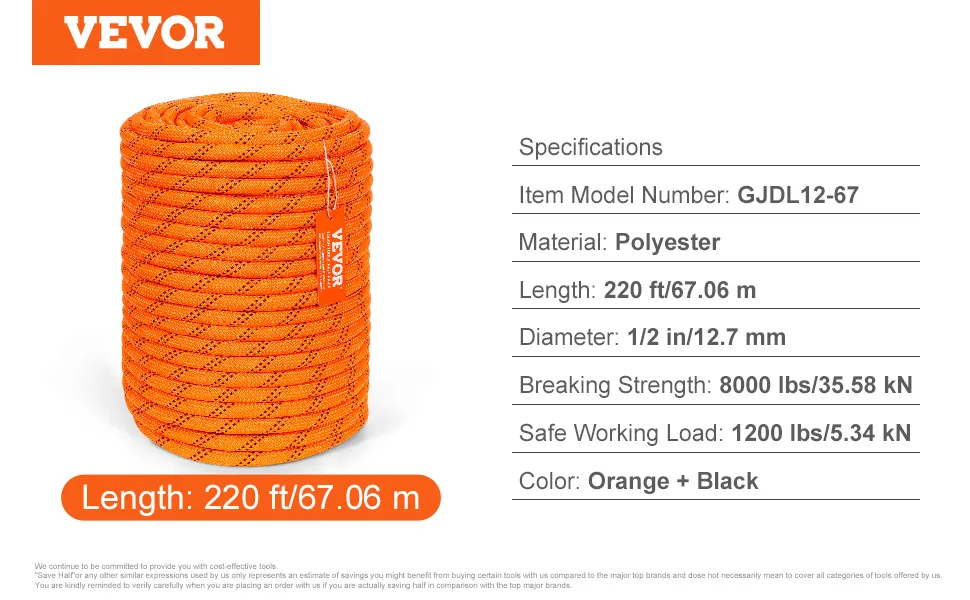 VEVOR double braided polyester rope, 220 ft, orange with black specs, breaking strength: 8000 lbs.
