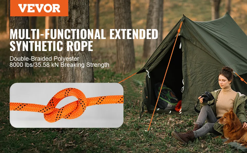 VEVOR double braided polyester rope with 8000 lbs breaking strength used by a worker on a glass building.