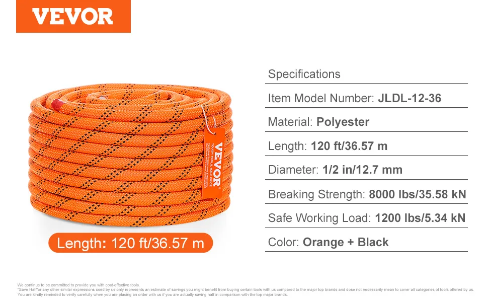 VEVOR climbing rope, 120 ft/36.57 m, polyester, orange with black pattern, 1/2 inch diameter.