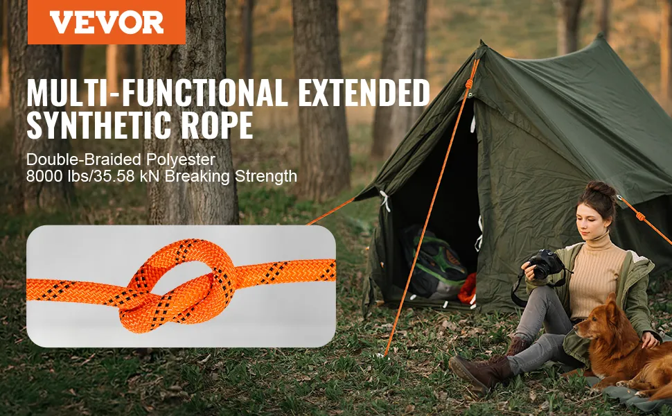 VEVOR climbing rope - double-braided polyester, 8000 lbs breaking strength, man scaling skyscraper.