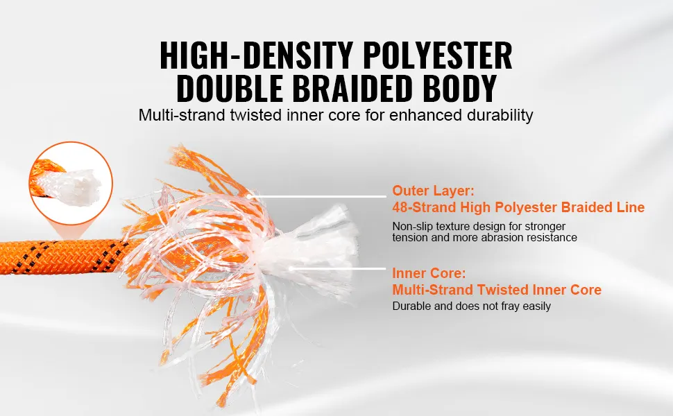 high-density VEVOR climbing rope with double braided body, 48-strand polyester outer layer, twisted core.