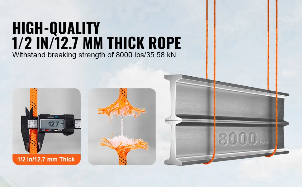 high-quality VEVOR climbing rope, 1/2 in (12.7 mm) thick, with 8000 lbs (35.58 kn) breaking strength.
