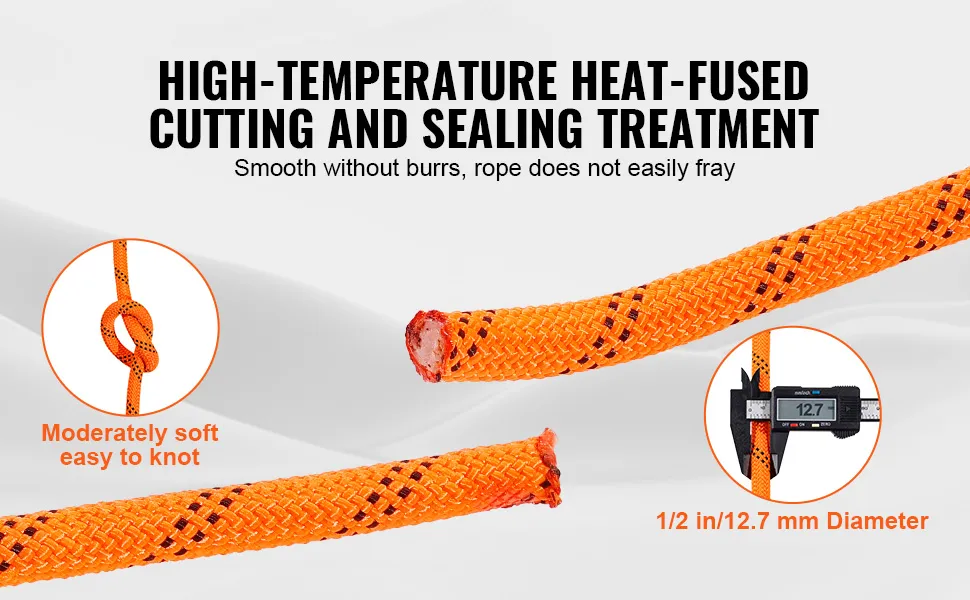 VEVOR climbing rope, 12.7mm diameter, heat-fused cutting, smooth surface, easy to knot, fray-resistant.