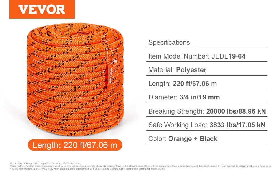 Corda per arboricoltura VEVOR, 220 piedi in poliestere arancione e nero, diametro 3/4 di pollice, resistenza 20000 libbre.