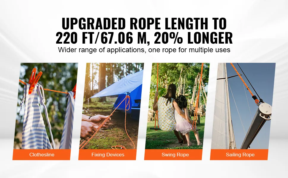 lunghezza della fune aumentata a 220 piedi; fune di sollevamento per arboricoltori VEVOR versatile per varie applicazioni.