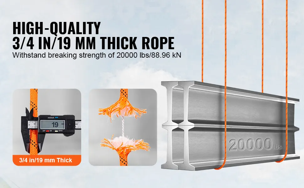 Fune da arboricoltura VEVOR di alta qualità, spessa 3/4 pollici/19 mm, con resistenza alla rottura di 20000 libbre.