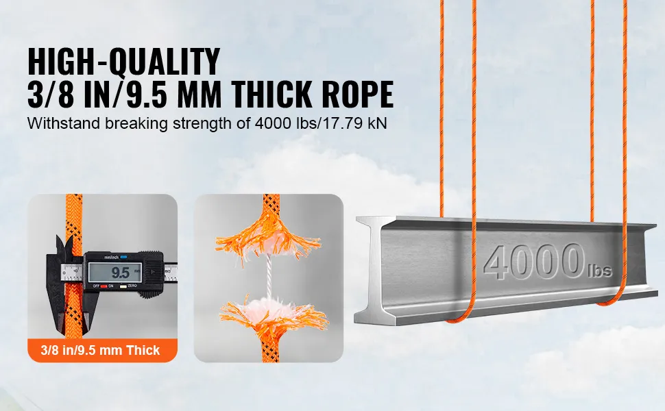 high-quality VEVOR double braided polyester rope, 3/8 in or 9.5 mm thick, withstands 4000 lbs.