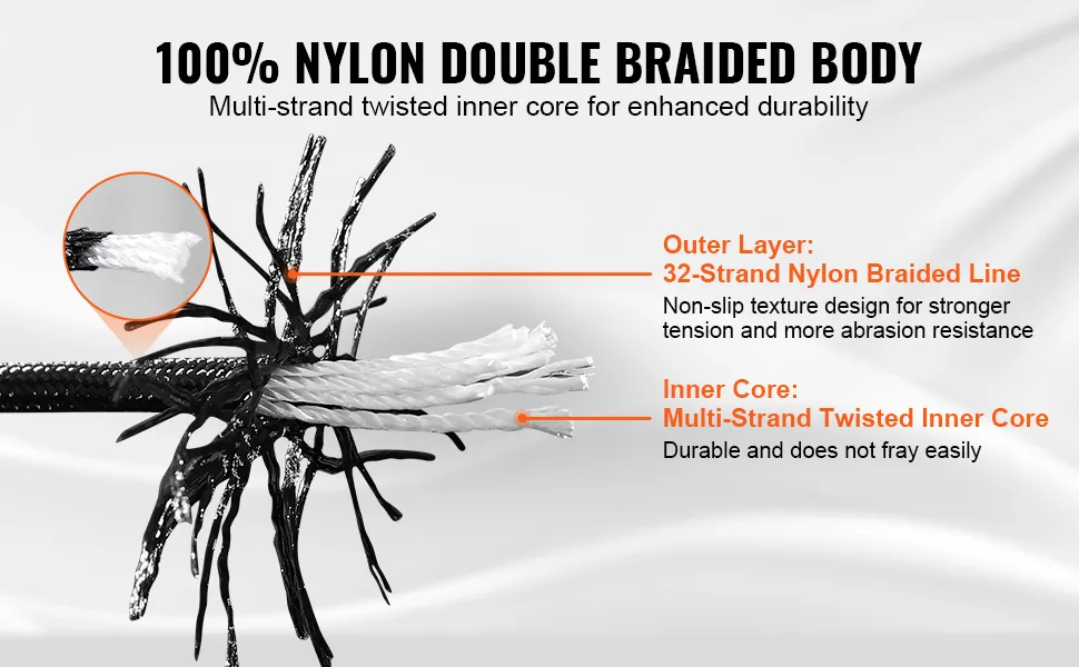 VEVOR braided nylon cord with 32-strand outer layer and multi-strand twisted inner core for durability.