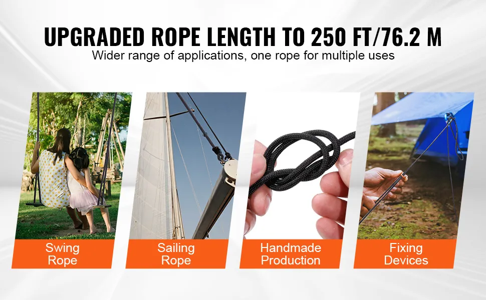 VEVOR braided nylon cord: 250 ft, swing rope, high-altitude operations, handmade production, rescue traction.
