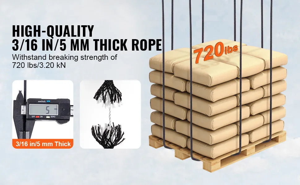 VEVOR braided nylon cord, 3/16 in/5 mm thick, supports 720 lbs load, shown with digital caliper measurement.