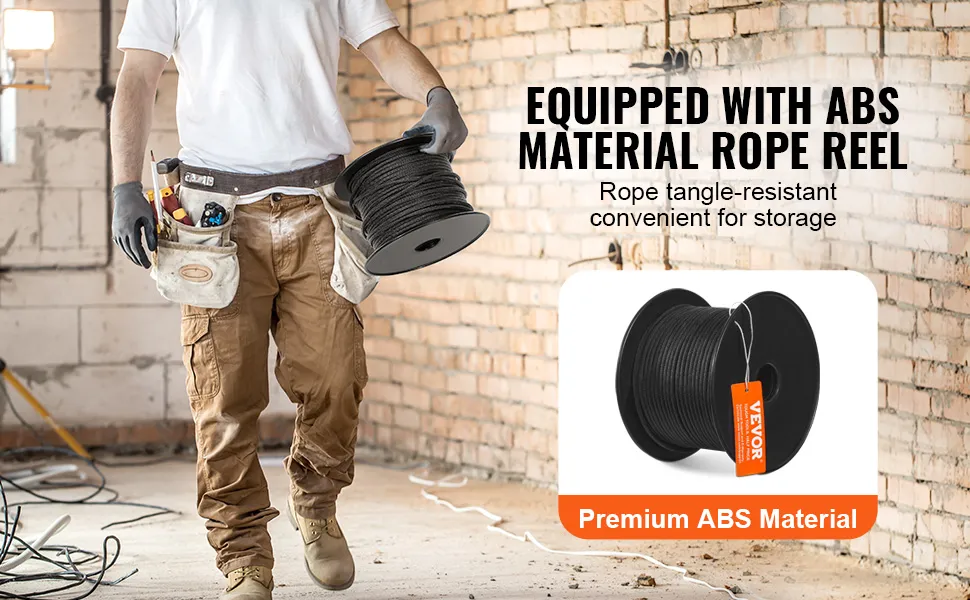 worker holding VEVOR braided nylon cord reel in under-construction room, equipped with abs material.