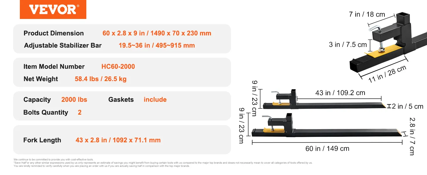 Horquillas para paletas VEVOR con capacidad de 2000 lb, barra estabilizadora ajustable, dimensiones del producto 60 x 2,8 x 9 pulgadas.