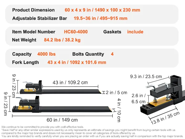 VEVOR pallet forks with 4000 lbs capacity, 43 x 4 in fork length, adjustable stabilizer bar.