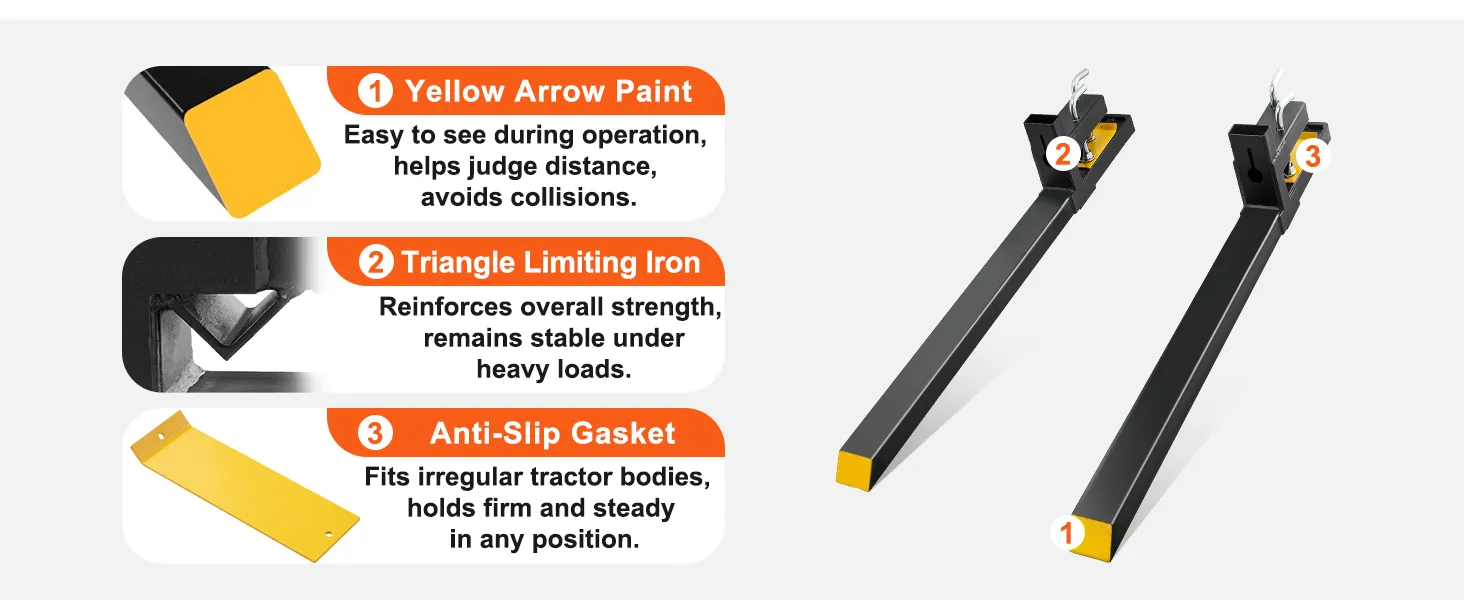 VEVOR pallet forks with yellow arrow paint, triangle limiting iron, and anti-slip gasket for stability.
