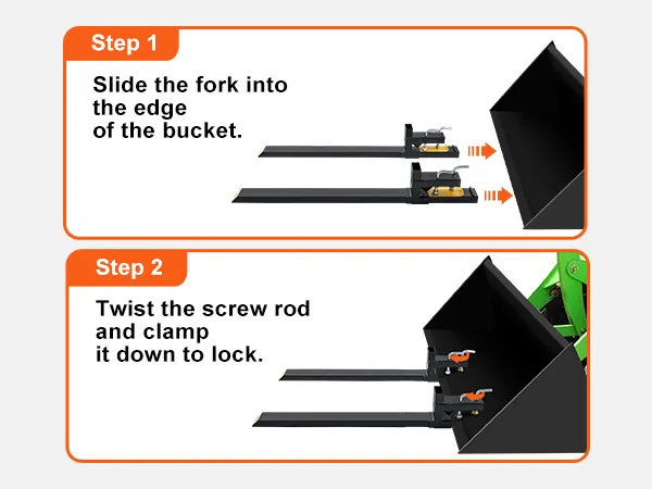 steps to attach VEVOR pallet forks: slide fork into bucket and twist screw rod to clamp and lock.