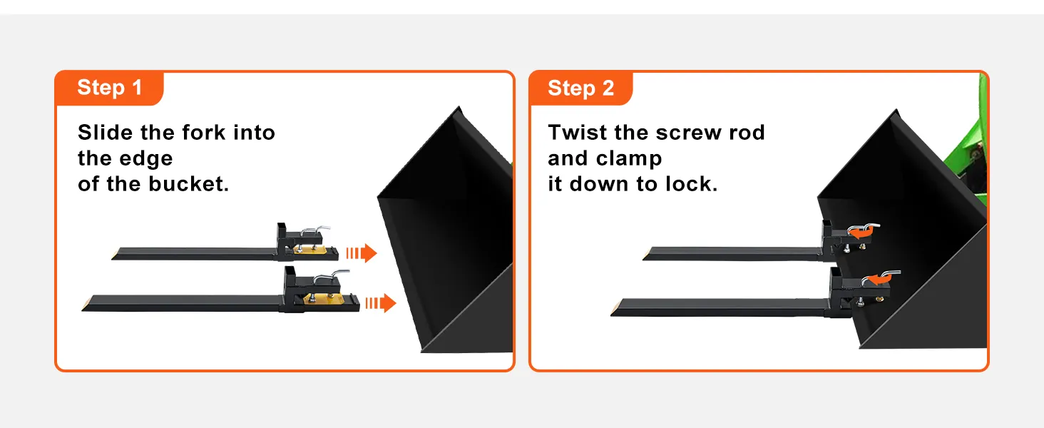 steps to attach VEVOR pallet forks: slide fork into bucket and twist screw rod to clamp and lock.