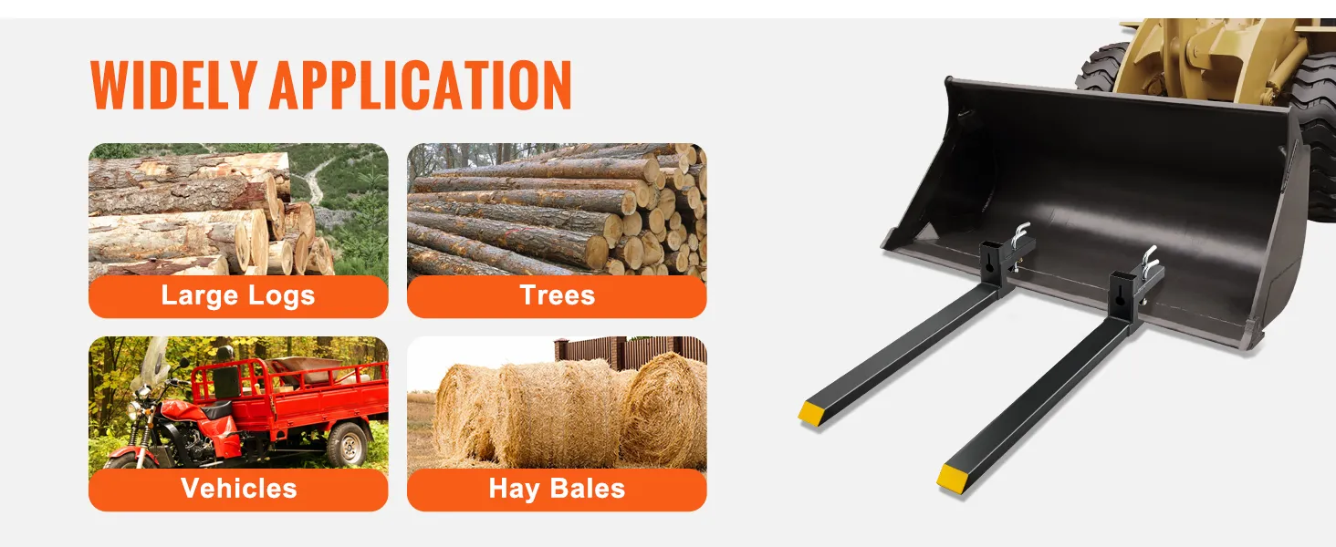 VEVOR pallet forks for large logs, trees, vehicles, and hay bales, showcasing wide application.