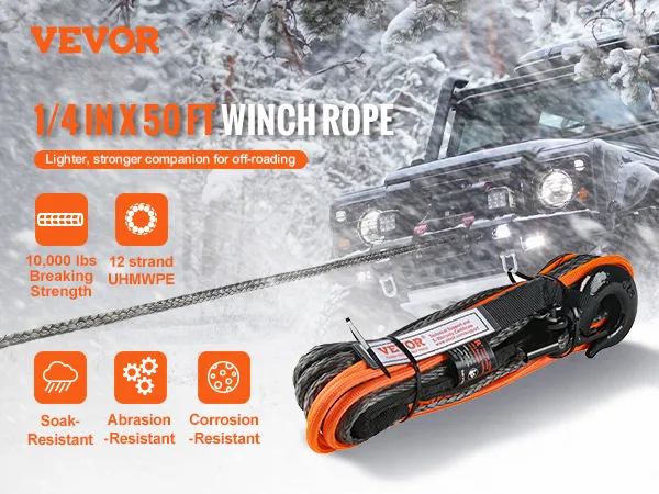 VEVOR synthetic winch rope, 1/4 in x 50 ft, 10,000 lbs strength, abrasion and corrosion-resistant.