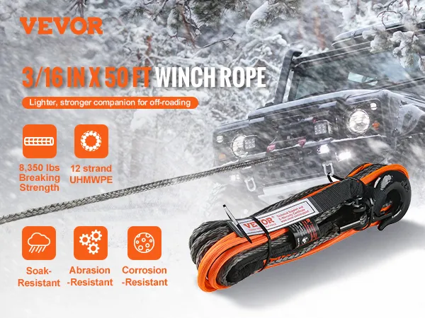 VEVOR synthetic winch rope, 3/16 in x 50 ft, for off-roading; 8,350 lbs strength, abrasion and corrosion resistant.