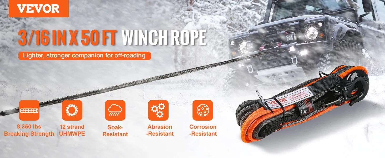 VEVOR synthetic winch rope, 3/16 in x 50 ft, for off-roading; 8,350 lbs strength, abrasion and corrosion resistant.