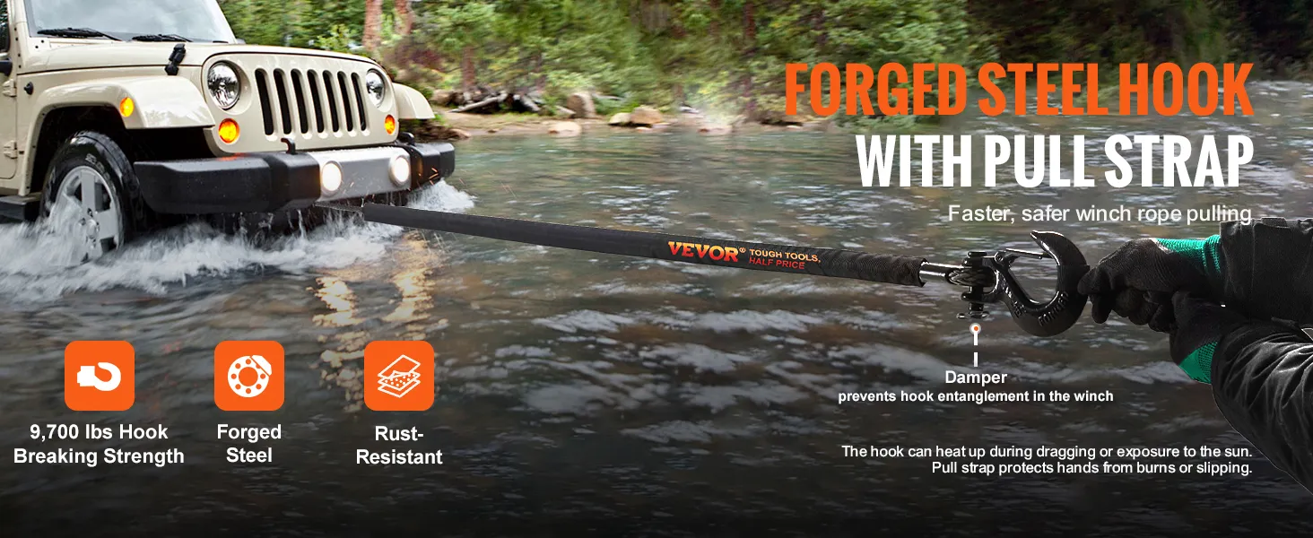 VEVOR synthetic winch rope towing a jeep through water, featuring a forged steel hook with pull strap.