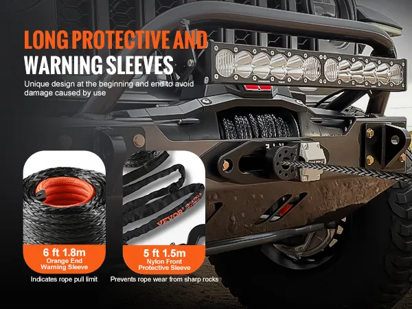 VEVOR synthetic winch rope featuring long protective and warning sleeves for enhanced durability.
