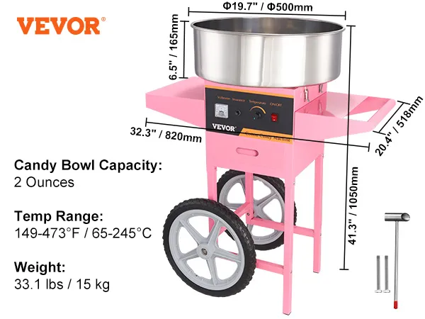 VEVOR Electric Cotton Candy Machine with Cart, 1000W Commercial Floss Maker with Stainless Steel Bowl, Sugar Scoop and Drawer, Perfect for Home, Kids Birthday, Family Party, Pink