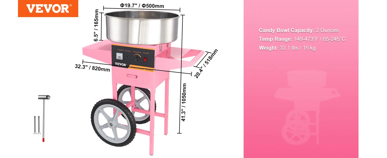 Máquina de algodón de azúcar VEVOR en color rosa con dimensiones y especificaciones mostradas.