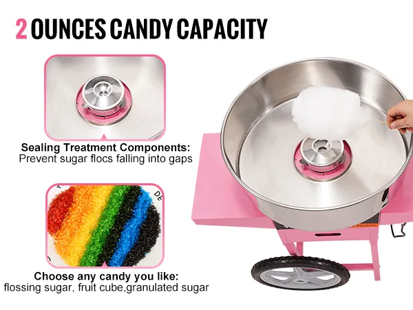 VEVOR Electric Cotton Candy Machine with Cart, 1000W Commercial Floss Maker with Stainless Steel Bowl, Sugar Scoop and Drawer, Perfect for Home, Kids Birthday, Family Party, Pink
