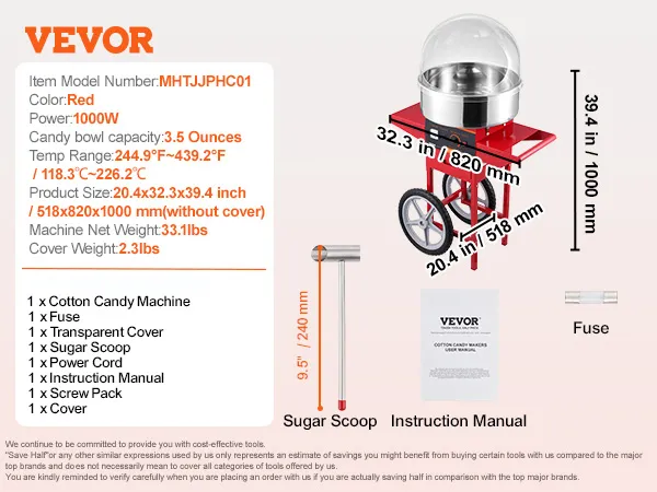 Maszyna do waty cukrowej VEVOR z misą o pojemności 3,5 uncji, mocą 1000 W, akcesoriami i wymiarami. Czerwony model mhtjjphc01.