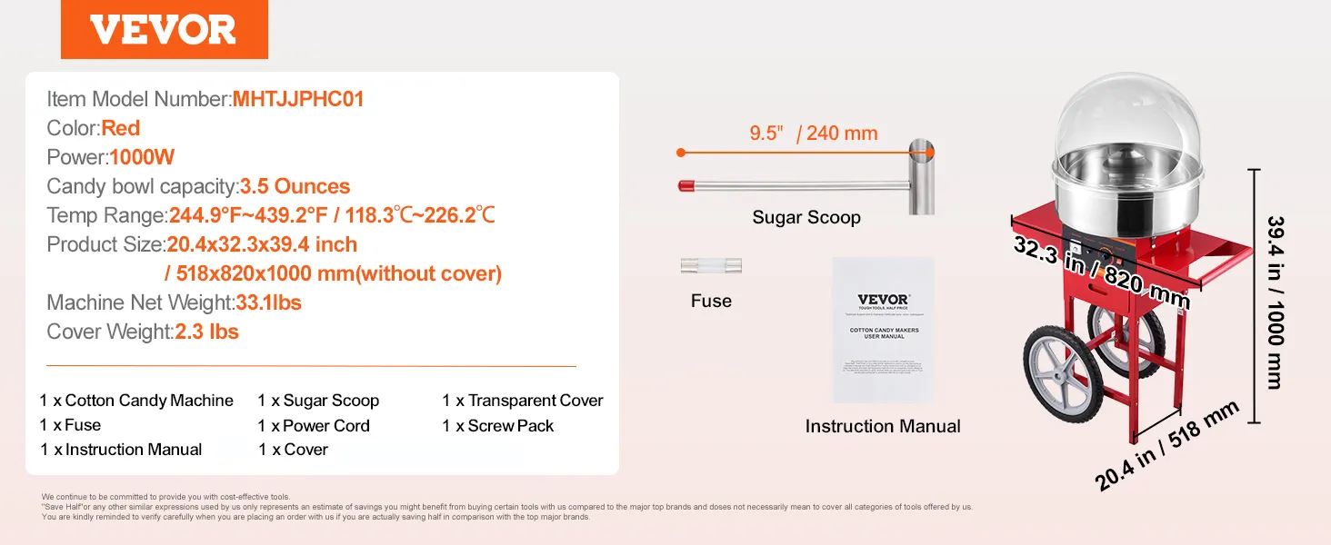 Maszyna do waty cukrowej VEVOR z misą o pojemności 3,5 uncji, mocą 1000 W, akcesoriami i wymiarami. Czerwony model mhtjjphc01.