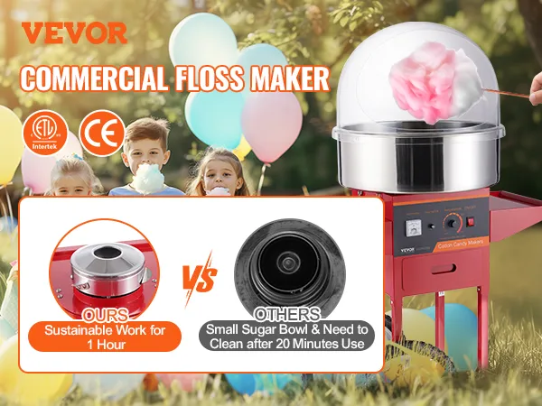 Maszyna do waty cukrowej VEVOR produkująca watę cukrową z udziałem dzieci, balonów i zalet maszyny.